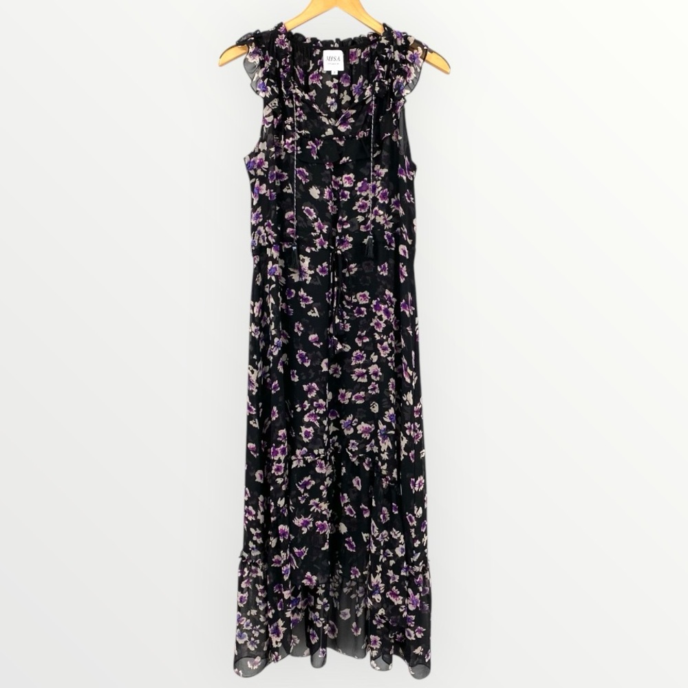 MISA Catherine Dress Women’s Small Maxi Black Floral High‎ Low Chiffon Romantic